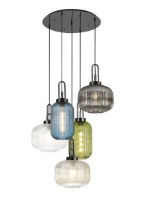 Urasawa 75cm 2.5m Round Pendant 5 Light E27 With Various Glasses, Black Chrome/Smoked/Petrol Blue/Green/Clear/Champagne