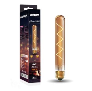 Classic Deco LED 185mm Tubular Z E27 Dimmable 4W 1800K Extra Warm White, 300lm, Gold Glass, 3yrs Warranty