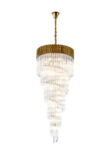 Brewer 70cm Pendant Round 5 Layer Spiral 23 Light E14, Brass/Clear Sculpted Glass, Item Weight: 57kg