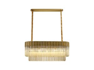 Vita 100 x 32cm Linear Pendant Rectangle 5 Light E14, Brass / Cognac Sculpted Glass, Item Weight: 21kg
