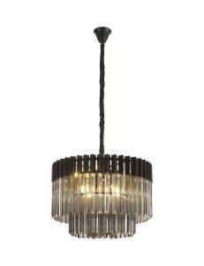 Vita 60cm Pendant Round 8 Light E14, Matt Black / Smoke Sculpted Glass Item Weight: 18kg