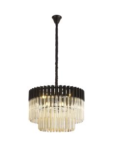 Vita 60cm Pendant Round 8 Light E14, Matt Black / Cognac Sculpted Glass, Item Weight: 18kg