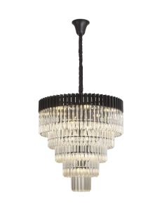 Vita 80cm Pendant Round 5 Tier 19 Light E14, Matt Black / Clear Sculpted Glass, Item Weight: 30.2kg