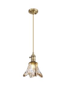Luxe Switched Pendant 1.5m, 1 x E27, Antique Brass / Golden Brown Braided Cable / Brown Flower Glass