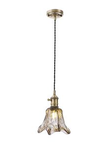 Luxe Switched Pendant 1.5m, 1 x E27, Antique Brass / Black Twisted Cable / Brown Flower Glass