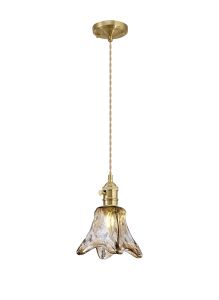 Luxe Switched Pendant 1.5m, 1 x E27, Brass / Pale Gold Twisted Cable / Brown Flower Glass