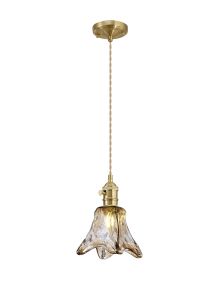 Luxe Switched Pendant 1.5m, 1 x E27, Brass / Pale Gold Twisted Cable / Brown Flower Glass