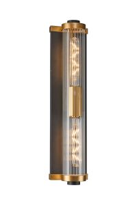 Equa Wall Light, 2 Light E27, IP54, Black/Gold/Clear Ribbed Glass Shade