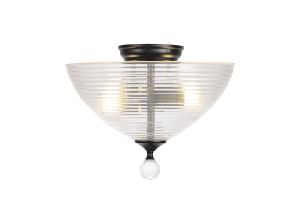 Amara 2 Light Semi Flush Ceiling E27 With Round 33.5cm Prismatic Effect Glass Shade Matt Black/Clear