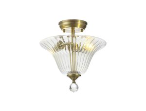 Amara 2 Light Semi Flush Ceiling E27 With Bell 30cm Glass Shade Antique Brass/Clear
