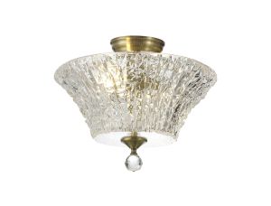 Amara 2 Light Semi Flush Ceiling E27 With Round 38cm Patterned Glass Shade Antique Brass/Clear