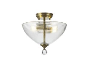 Amara 2 Light Semi Flush Ceiling E27 With Round 33.5cm Prismatic Effect Glass Shade Antique Brass/Clear