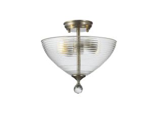 Amara 2 Light Semi Flush Ceiling E27 With Round 33.5cm Prismatic Effect Glass Shade Satin Nickel/Clear