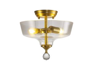 Amara 2 Light Semi Flush Ceiling E27 With Flat Round 30cm Glass Shade Satin Gold/Clear