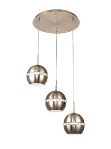 Andrea Pendant 3 Light E27 Round Satin Nickel/Crystal