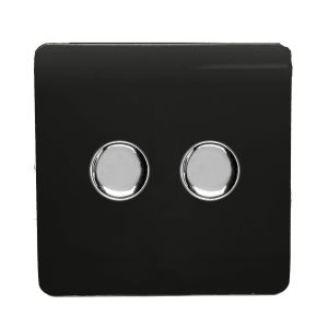 Trendi, Artistic Modern 2 Gang 2 Way LED Dimmer Switch 5-150W LED / 120W Tungsten Per Dimmer, Gloss Black Finish, (35mm Back Box Required) 5yrs Wrnty