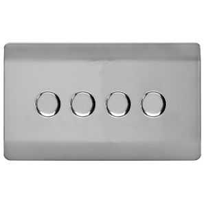 Brushed Steel & Chrome Screwless 4 Gang 2 Way 100W LED Dimmer Switch, (35mm Back Box Req.), 10yrs Warranty