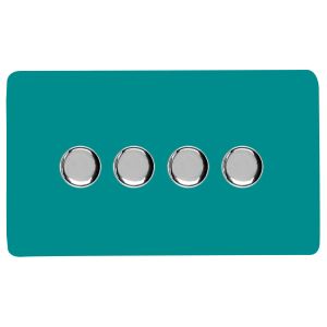 Bright Teal & Chrome Screwless 4 Gang 2 Way 100W LED Dimmer Switch, (35mm Back Box Req.), 10yrs Warranty