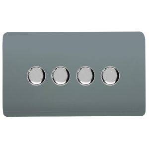 Cool Grey & Chrome Screwless 4 Gang 2 Way 100W LED Dimmer Switch, (35mm Back Box Req.), 10yrs Warranty