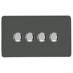 Charcoal & Chrome Screwless 4 Gang 2 Way 100W LED Dimmer Switch, (35mm Back Box Req.), 10yrs Warranty