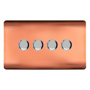 Copper & Chrome Screwless 4 Gang 2 Way 100W LED Dimmer Switch, (35mm Back Box Req.), 10yrs Warranty