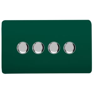 Dark Green & Chrome Screwless 4 Gang 2 Way 100W LED Dimmer Switch, (35mm Back Box Req.), 10yrs Warranty