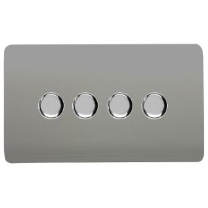 Light Grey & Chrome Screwless 4 Gang 2 Way 100W LED Dimmer Switch, (35mm Back Box Req.), 10yrs Warranty