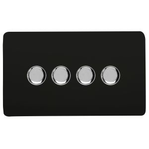 Matt Black & Chrome Screwless 4 Gang 2 Way 100W LED Dimmer Switch, (35mm Back Box Req.), 10yrs Warranty