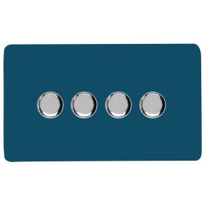 Midnight Blue & Chrome Screwless 4 Gang 2 Way 100W LED Dimmer Switch, (35mm Back Box Req.), 10yrs Warranty