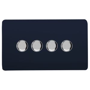 Navy Blue & Chrome Screwless 4 Gang 2 Way 100W LED Dimmer Switch, (35mm Back Box Req.), 10yrs Warranty