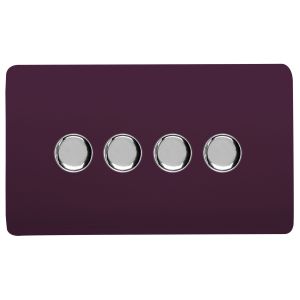 Plum & Chrome Screwless 4 Gang 2 Way 100W LED Dimmer Switch, (35mm Back Box Req.), 10yrs Warranty