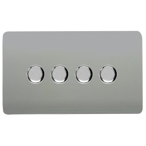 Platinum Silver & Chrome Screwless 4 Gang 2 Way 100W LED Dimmer Switch, (35mm Back Box Req.), 10yrs Warranty