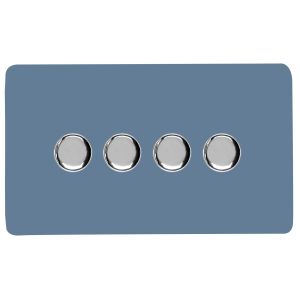 Sky Blue & Chrome Screwless 4 Gang 2 Way 100W LED Dimmer Switch, (35mm Back Box Req.), 10yrs Warranty