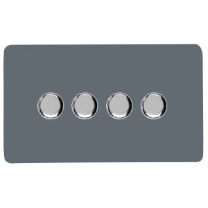 Warm Grey & Chrome Screwless 4 Gang 2 Way 100W LED Dimmer Switch, (35mm Back Box Req.), 10yrs Warranty