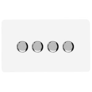 Ice White & Chrome Screwless 4 Gang 2 Way 100W LED Dimmer Switch, (35mm Back Box Req.), 10yrs Warranty