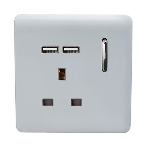 Trendi, Artistic Modern 1 Gang 13Amp Switched Socket WIth 2 x USB Ports Silver Finish, BRITISH MADE, (35mm Back Box Required), 5yrs Warranty