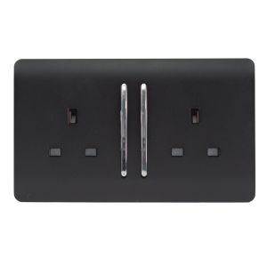 Trendi, Artistic Modern 2 Gang 13Amp Long Switched Double Socket Matt Black Finish, BRITISH MADE, (25mm Back Box Required), 5yrs Warranty