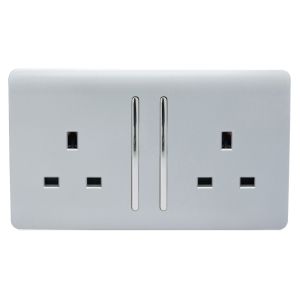 Trendi, Artistic Modern 2 Gang 13Amp Long Switched Double Socket Silver Finish, BRITISH MADE, (25mm Back Box Required), 5yrs Warranty