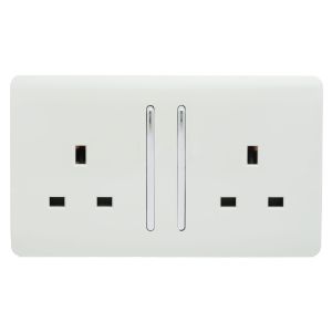 Trendi, Artistic Modern 2 Gang 13Amp Long Switched Double Socket Ice White Finish, BRITISH MADE, (25mm Back Box Required), 5yrs Warranty