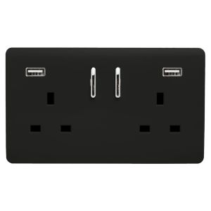 Trendi, Artistic Modern 2 Gang 13Amp Short S/W Double Socket With 2x2.1Mah USB Gloss Black Finish, BRITISH MADE, (35mm Back Box Required) 5yrs Wrnty