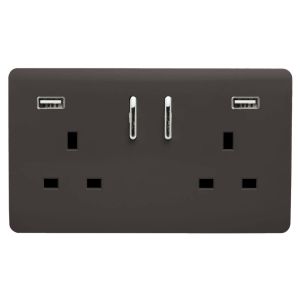 Trendi, Artistic 2 Gang 13Amp Short S/W Double Socket With 2x2.1Mah USB Dark Brown Finish, BRITISH MADE, (35mm Back Box Required), 5yrs Warranty