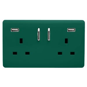 Trendi, Artistic 2 Gang 13Amp Short S/W Double Socket With 2x2.1Mah USB Dark Green Finish, BRITISH MADE, (35mm Back Box Required), 5yrs Warranty