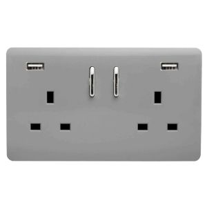 Trendi, Artistic Modern 2 Gang USB 2x3.1mAH Plug Socket Light Grey Finish, BRITISH MADE, (35mm Back Box Required), 5yrs Warranty