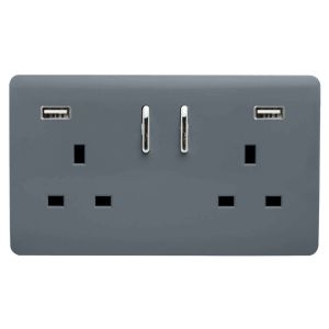 Trendi, Artistic Modern 2 Gang USB 2x3.1mAH Plug Socket Warm Grey Finish, BRITISH MADE, (35mm Back Box Required), 5yrs Warranty