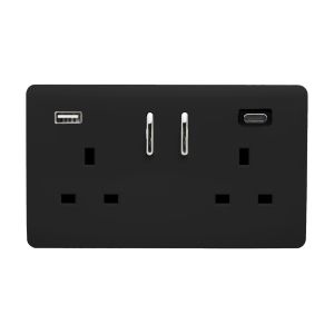 Piano Black Screwless 2 Gang Switched Double Socket 13A With 1 x USB-A & 1 x USB-C 15W (Shared), (35mm Back Box Req.), 10yrs Warranty