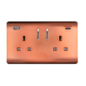 Copper Screwless 2 Gang Switched Double Socket 13A With 1 x USB-A & 1 x USB-C 15W (Shared), (35mm Back Box Req.), 10yrs Warranty