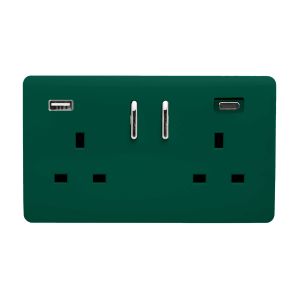 Dark Green Screwless 2 Gang Switched Double Socket 13A With 1 x USB-A & 1 x USB-C 15W (Shared), (35mm Back Box Req.), 10yrs Warranty