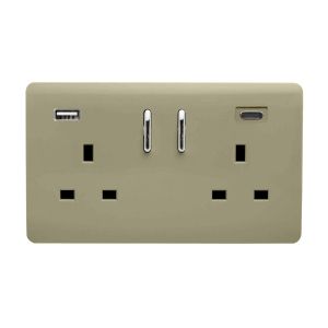 Champagne Gold Screwless 2 Gang Switched Double Socket 13A With 1 x USB-A & 1 x USB-C 15W (Shared), (35mm Back Box Req.), 10yrs Warranty