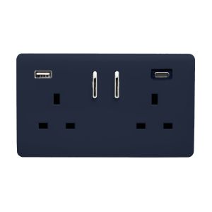 Navy Blue Screwless 2 Gang Switched Double Socket 13A With 1 x USB-A & 1 x USB-C 15W (Shared), (35mm Back Box Req.), 10yrs Warranty