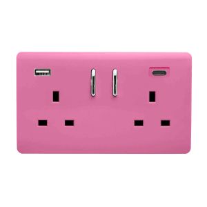 Pink Screwless 2 Gang Switched Double Socket 13A With 1 x USB-A & 1 x USB-C 15W (Shared), (35mm Back Box Req.), 10yrs Warranty